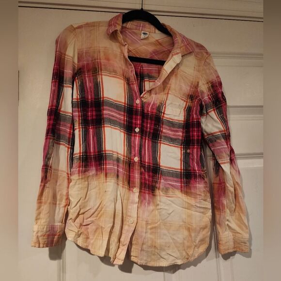 Old Navy pink bleached style plaid button up shirt - Picture 1 of 5